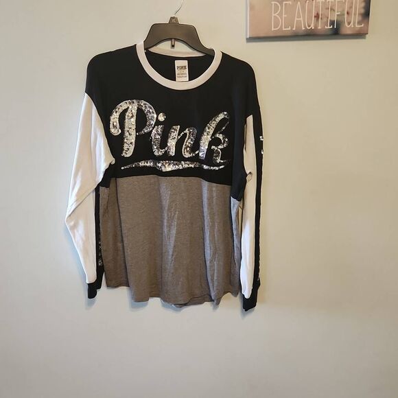 Victoria's Secret PINK Size L Bling Colorblock Campus Tee Long Sleeve - Picture 1 of 5